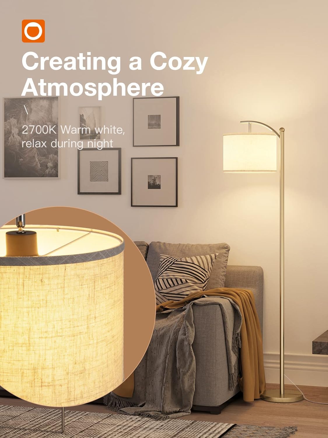 addlon Floor Lamp for Living Room with 3 Color Temperatures, Standing lamp with Linen lampshade for Bedroom, Office, Lamps with 9W LED Bulb Included - Brass Gold with Beige Shade