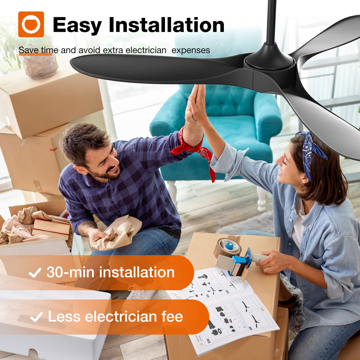 Addlon Outdoor Ceiling Fan, 60 inch White/Black Fan with Remote Control, 6 Speeds, Reversible DC Motor, Noiseless, Modern Ceiling Fans without Light for Patio,Gazebo, Bedroom, Balcony, Living Room