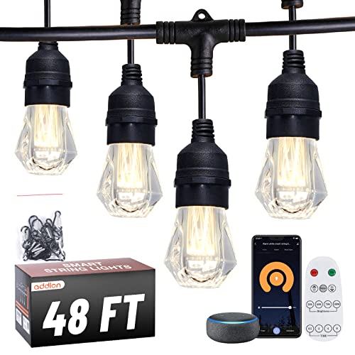 addlon 48FT Smart Outdoor String Lights with 24 Diamond Appearance Bulbs, APP & Remote Control Dimmable, Shatterproof Waterproof Patio Lights Work with Alexa for Patio, Porch, Warm White